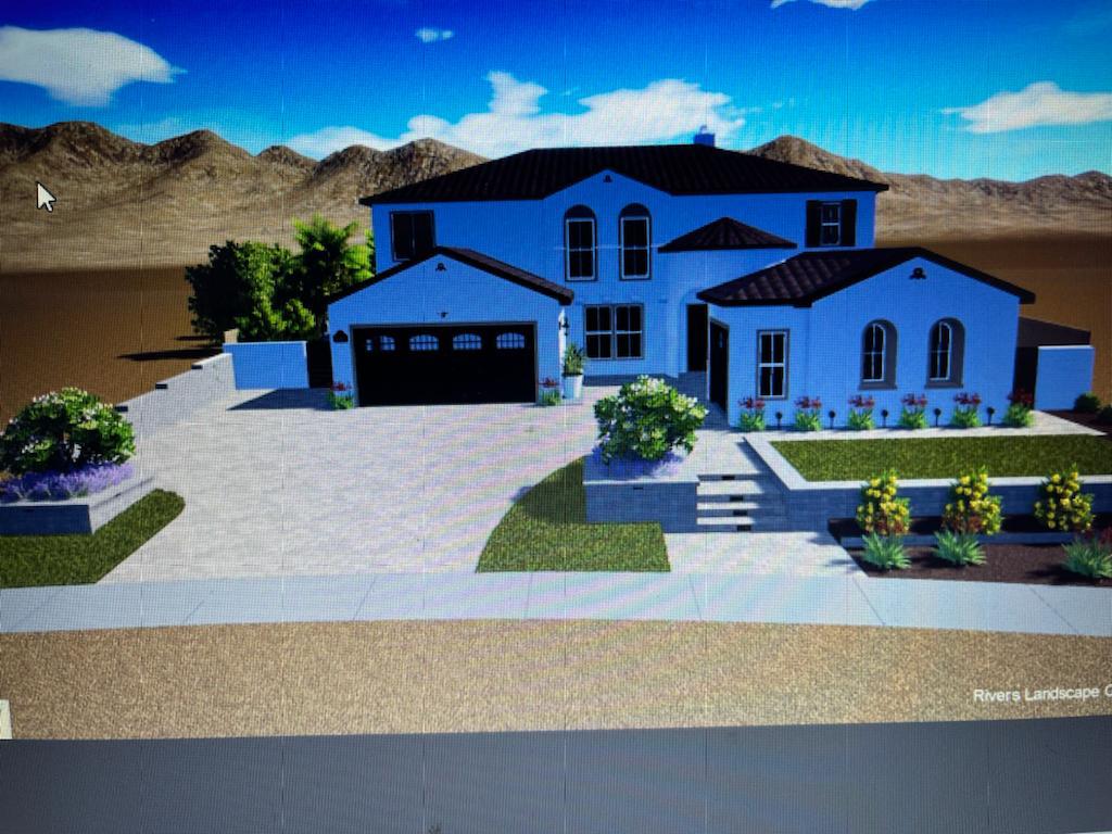 3D rendering of front yard landscaping with retaining walls and plantings